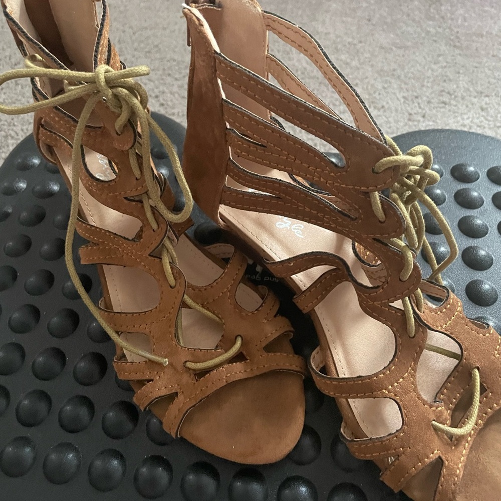 Shoeland suede crisscross Tie-up booty sandal.
